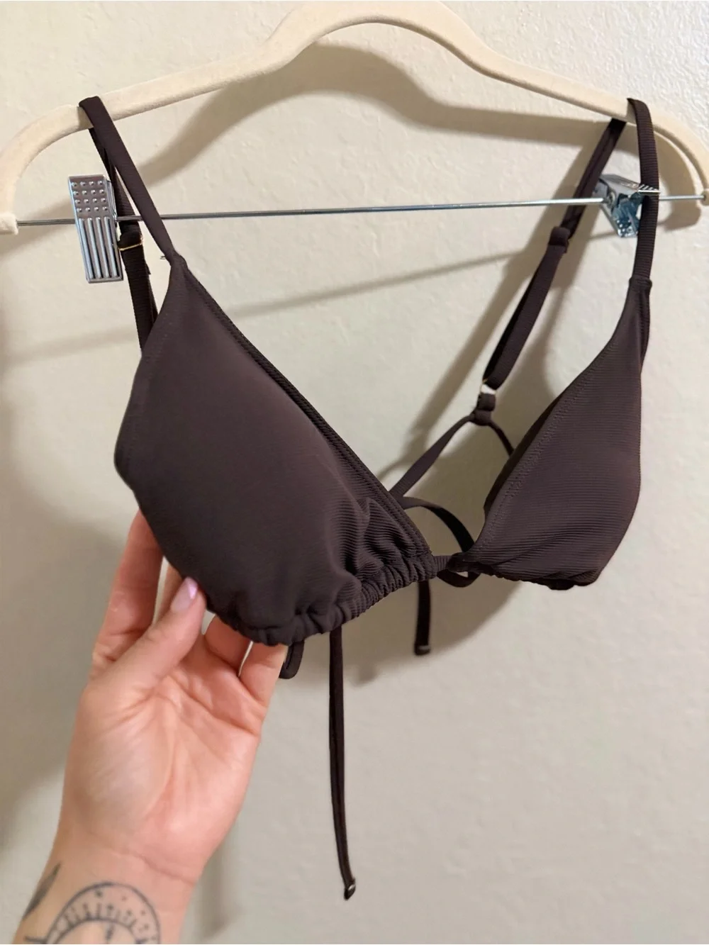 Wilo The Label Chocolate Brown Ribbed Triangle Bikini Top - Size Large